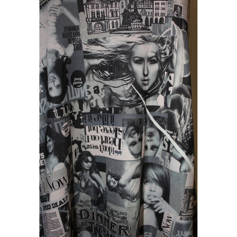 Foxiy Womens Y2K Magazine Tabloid Print Handkerchief Hem Tunic Top Black White S